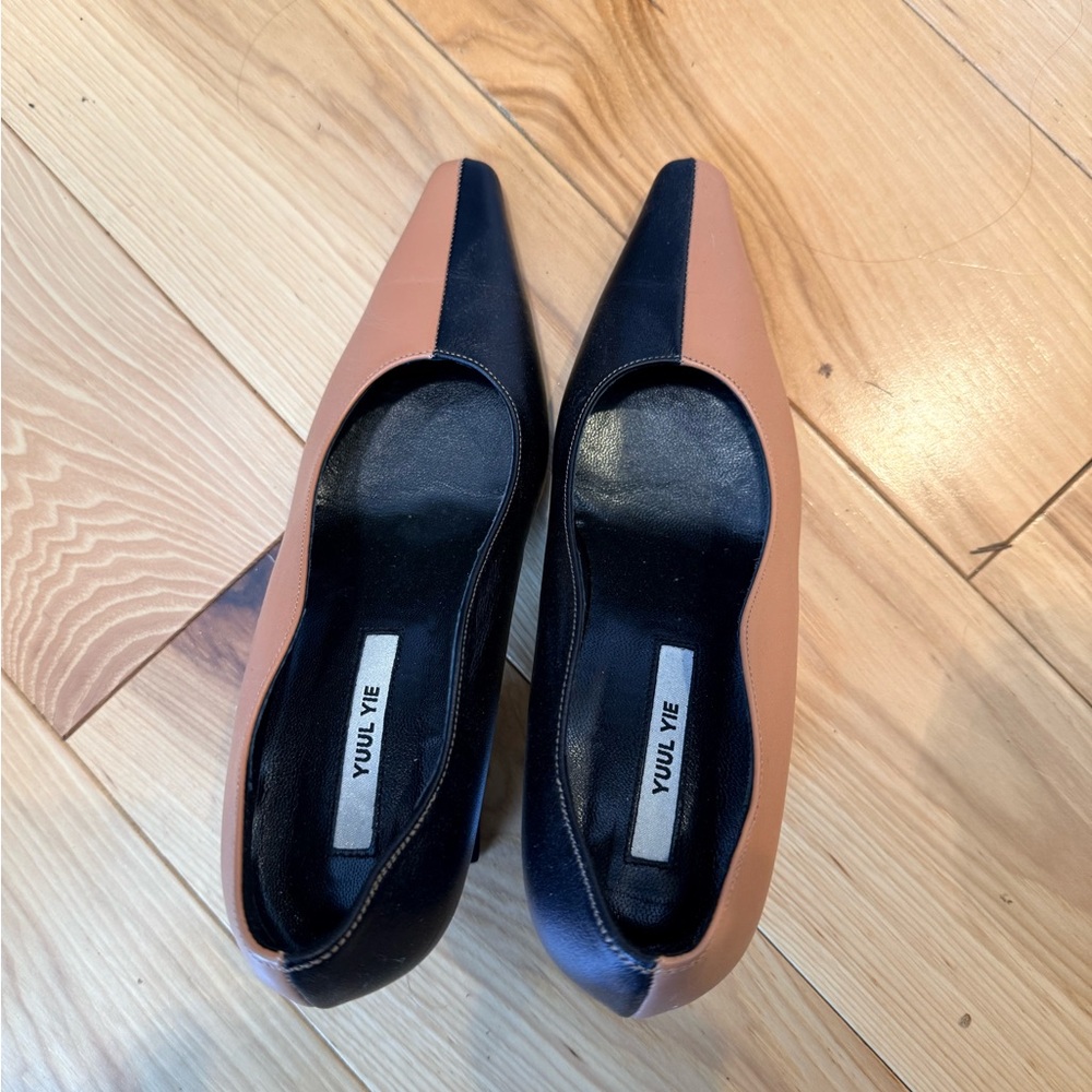 Two-Tone Black and Camel Pointed Toe Flats